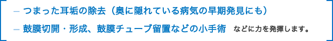 つまった耳垢の除去（奥に隠れている病気の早期発見にも）鼓膜切開・形成、鼓膜チューブ留置などの小手術　などに力を発揮します。